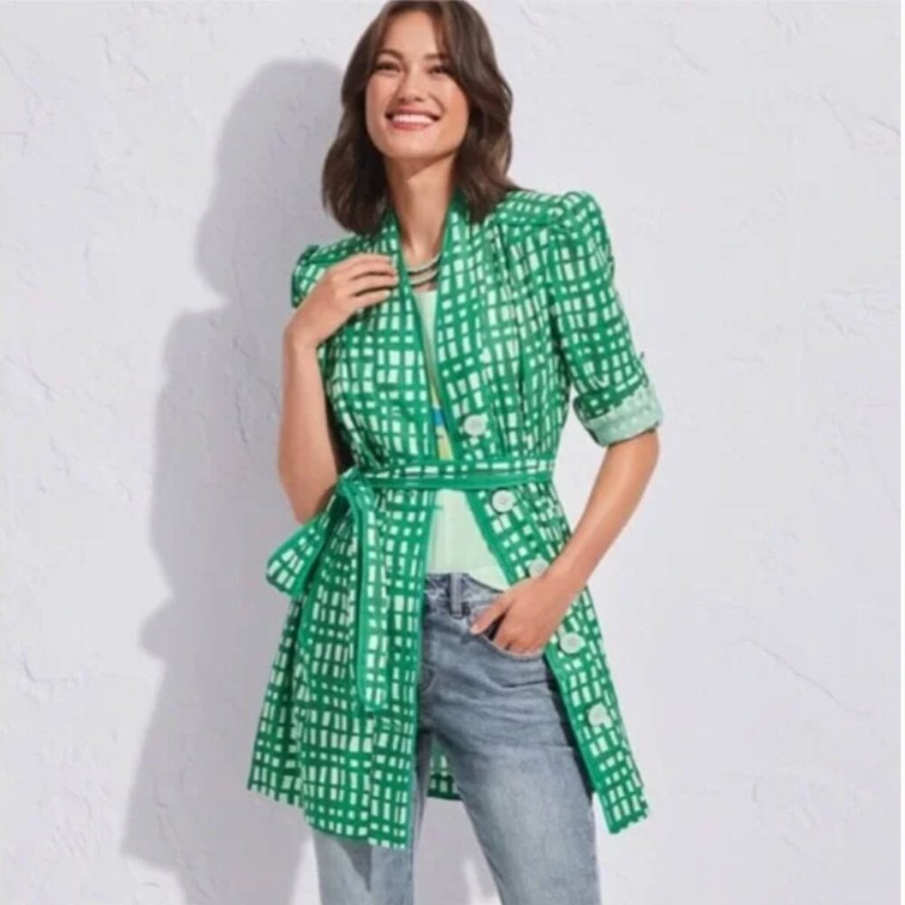 Cabi Circuit Jacket Green White Trench Coat Jacket Linen Blend Sz XS - Picture 2 of 16